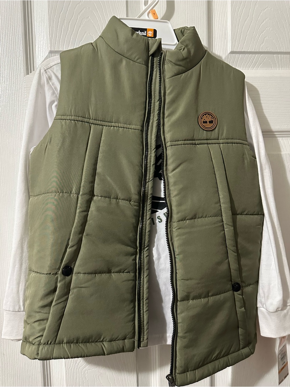 Timberland Olive Green Quilted Puffer Vest and long sleeve shirt